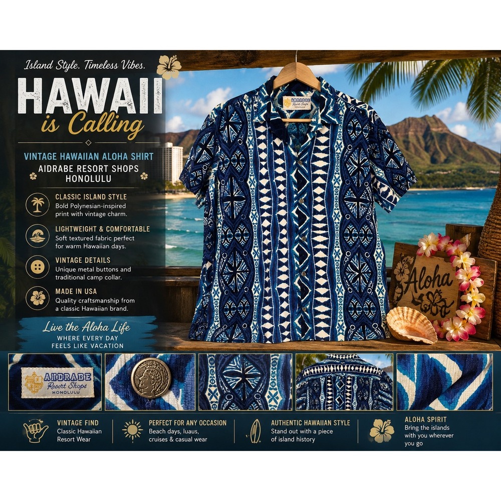 Vintage Aidrabe Resort Shops Honolulu Hawaiian Aloha Shirt Blue Tiki Print XL
